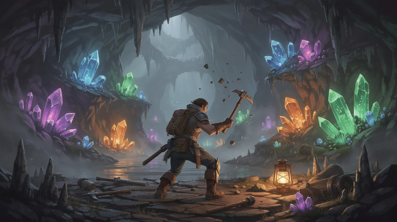 A player character is depicted mining vibrant, colorful crystals in an underground cave, surrounded by rocky walls and shimmering gems. This scene captures the adventurous spirit of Roblox games, where players can explore and gather resources, possibly utilizing active codes from the forge for enhanced gameplay.