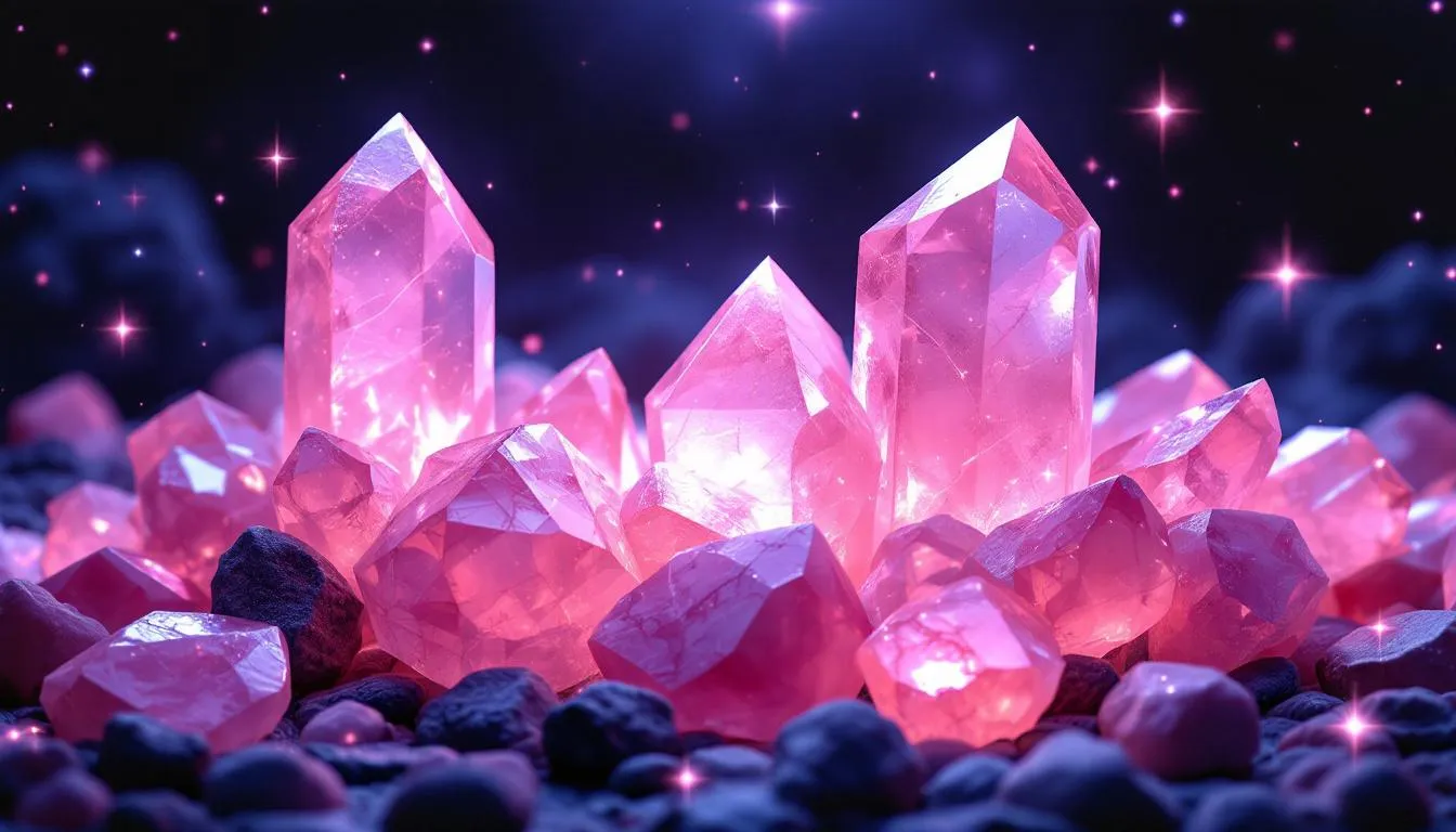 Rose quartz stones, often referred to as the stone of love, displayed together.