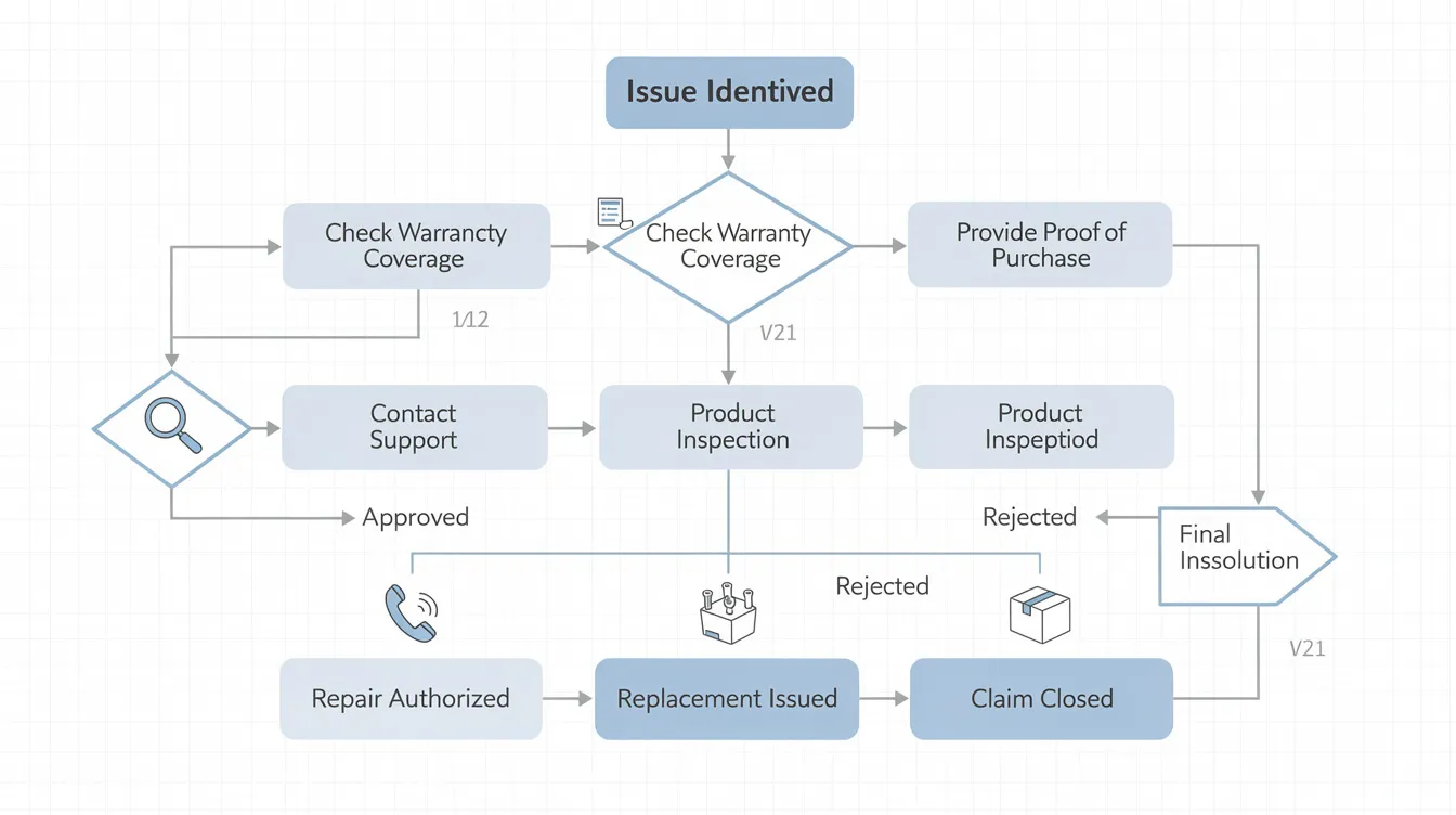 The flowchart illustrates the warranty claim process for an infrared sauna, detailing steps from issue identification to resolution, including aspects such as manufacturing defects, warranty periods, and obtaining warranty service. Key components include the limited lifetime warranty covering parts like heating elements, and the importance of the sales receipt showing the date of purchase.
