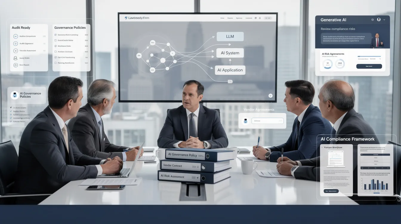 The illustration depicts a confident attorney in a modern corporate boardroom, advising technology executives on AI governance and compliance. Surrounding them are visual elements like compliance documents, governance charts, and subtle representations of AI technologies, reflecting the strategic and authoritative role of legal counsel in navigating the complexities of artificial intelligence law.
