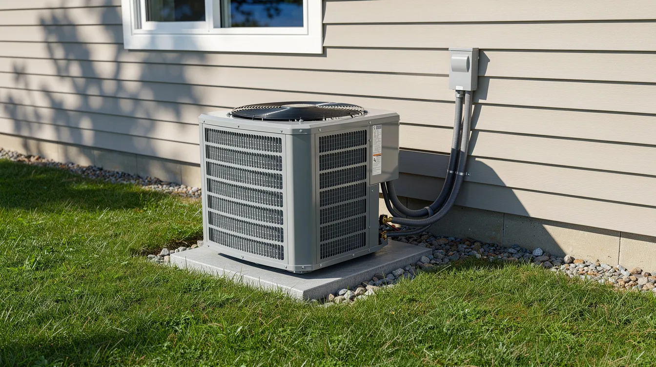 The image shows a central air conditioning outdoor unit installed beside a residential home, serving as part of the air conditioning system to provide cool air for the entire house. This outdoor AC unit is designed for optimal performance and energy efficiency, contributing to a comfortable indoor environment.Central ac unit outside a residential home with a nice garden around it
