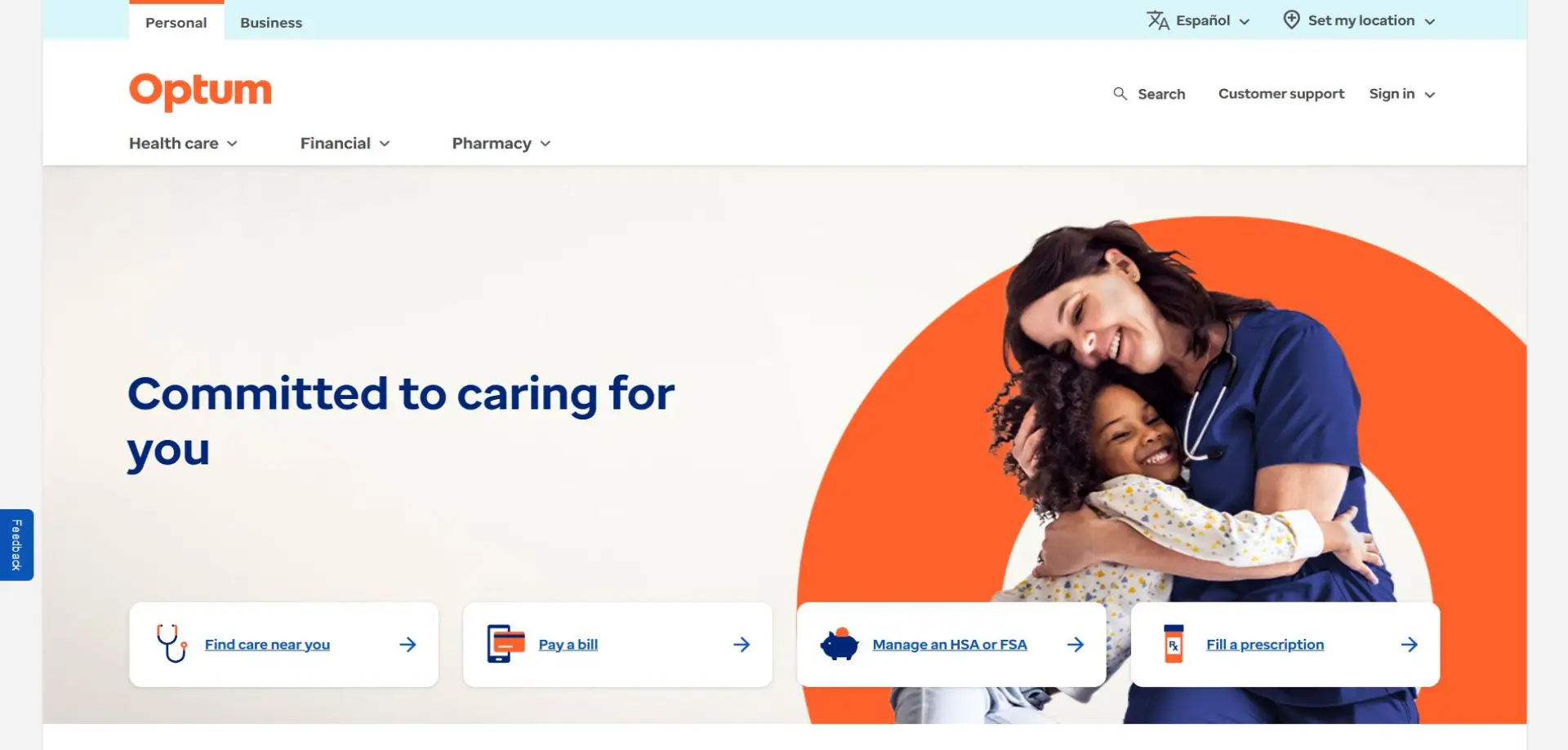 Homepage of Optum website