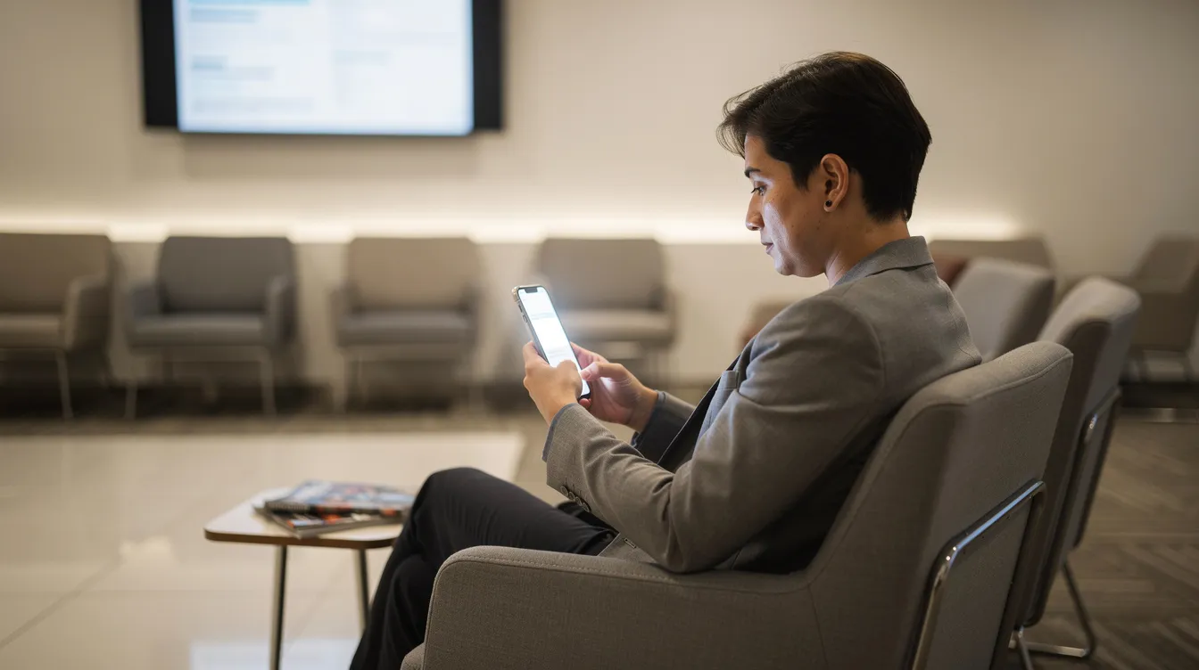 26d50cbc cedc 497f 845d 6598fd06e564 A person is seated in a waiting area, focused on their smartphone as they check a notification. This moment reflects the importance of staying updated, especially for those considering options like a mudra loan to support their income-generating businesses.