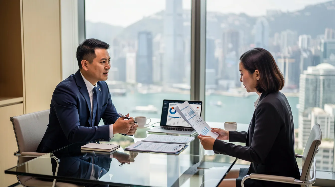 A professional financial advisor is meeting with a client in a sleek, modern office in Hong Kong, discussing various loan options, including 免 tu 貸款 and the client's financial situation. The atmosphere is focused and collaborative, highlighting the importance of personalized financial advice from a reputable 財務 公司.
