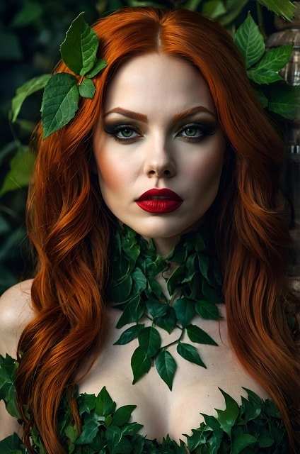 Poison Ivy Halloween costume, accessories, stems and leaves in hair, gorgeous cosplay picture that will stand out