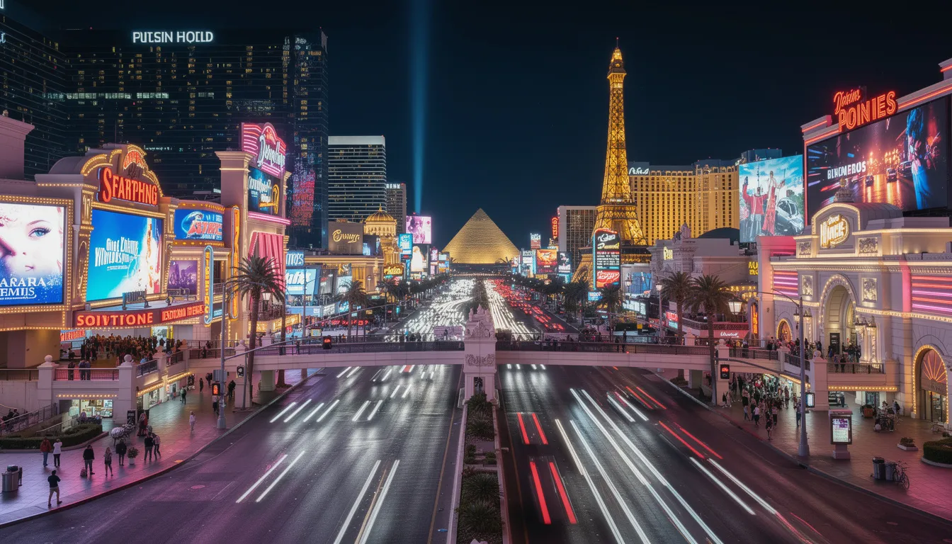 En nattbild av Las Vegas Strip med färgglada neonskyltar och ikoniska byggnader som MGM Grand. Den livliga atmosfären och den glittrande belysningen skapar en känsla av spänning och underhållning, perfekt för spelare hos BetMGM.