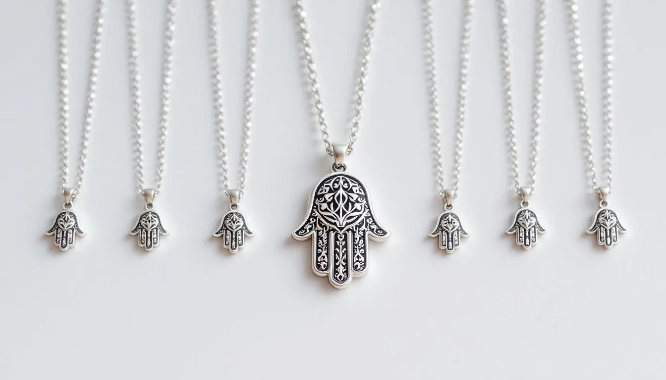 The image showcases a stylish silver hamsa pendant elegantly displayed on a delicate chain, symbolizing protection and good fortune. This handcrafted piece of jewellery is perfect for everyday wear or gifting, embodying a modern design that resonates with positivity and peace.