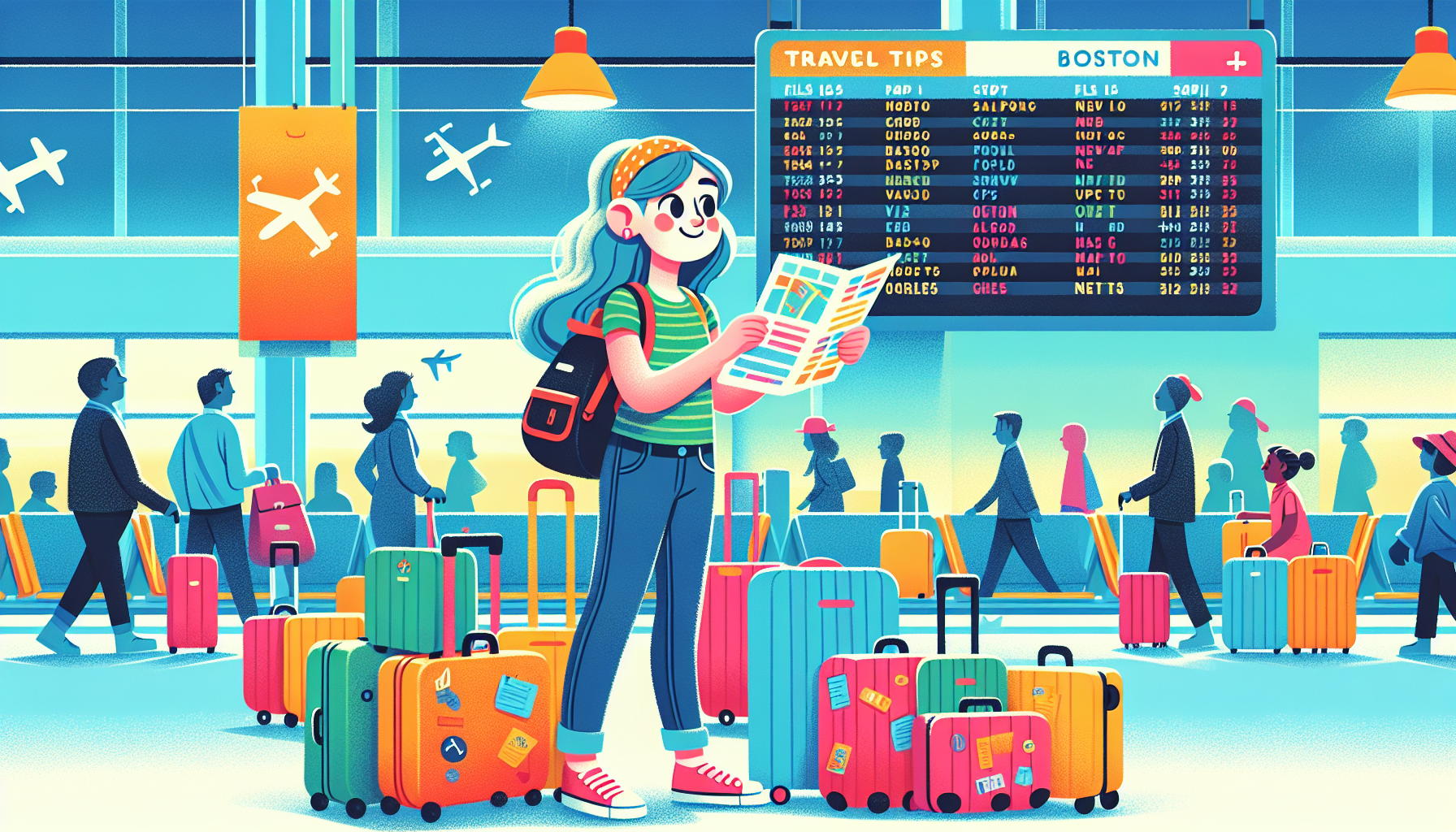 Illustration providing travel tips for flying from Boston to New Orleans.