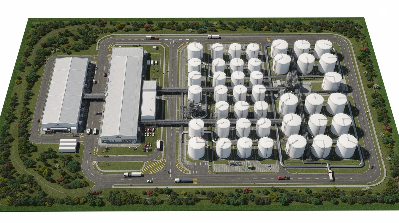 26db0f0b dcec 40e4 a69a e6ef8b0d4b5e An aerial view of a large industrial oil processing facility showcases extensive storage tanks and factory buildings, with internal roads and a green belt surrounding the perimeter. This solvent extraction plant is designed for efficient oil extraction and recovery, emphasizing energy efficiency and process optimization.