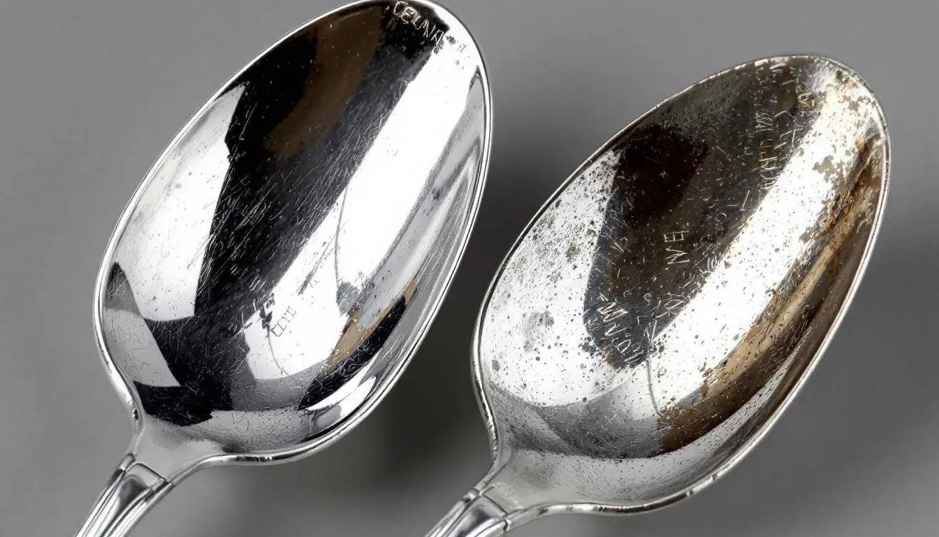 The image illustrates a collection of tarnished silver jewellery, including rings, necklaces, and bracelets, displayed in an elegant jewellery box. The tarnished pieces, once shiny, show signs of oxidation, highlighting the importance of regular cleaning and proper storage to prevent tarnish.