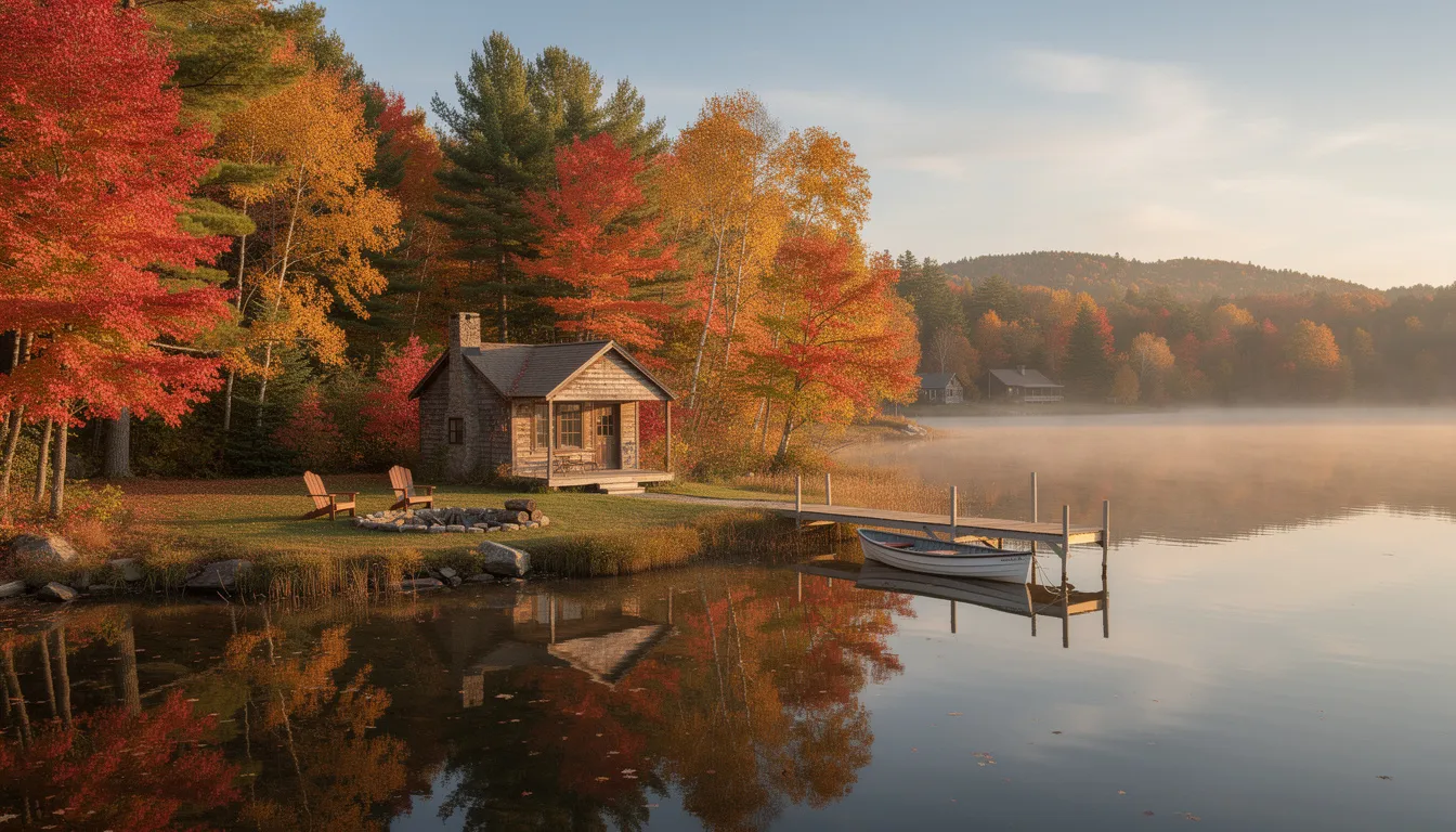 The image depicts a serene lakeside property in Maine, adorned with vibrant fall foliage and featuring a wooden dock, symbolizing seasonal Maine camps. This picturesque scene highlights the beauty of autumn while reminding homeowners of the importance of maintaining their water systems to prevent freezing and costly damage during the harsh Maine winters.