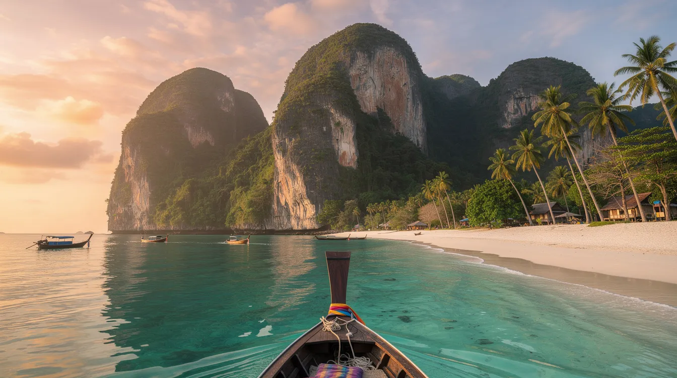 A imagem retrata uma bela paisagem de Krabi, na Tailândia, com suas impressionantes falésias de calcário e águas cristalinas. Ao fundo, é possível ver uma pessoa desfrutando da vista, simbolizando os destinos paradisíacos que atraem turistas de todo o mundo.