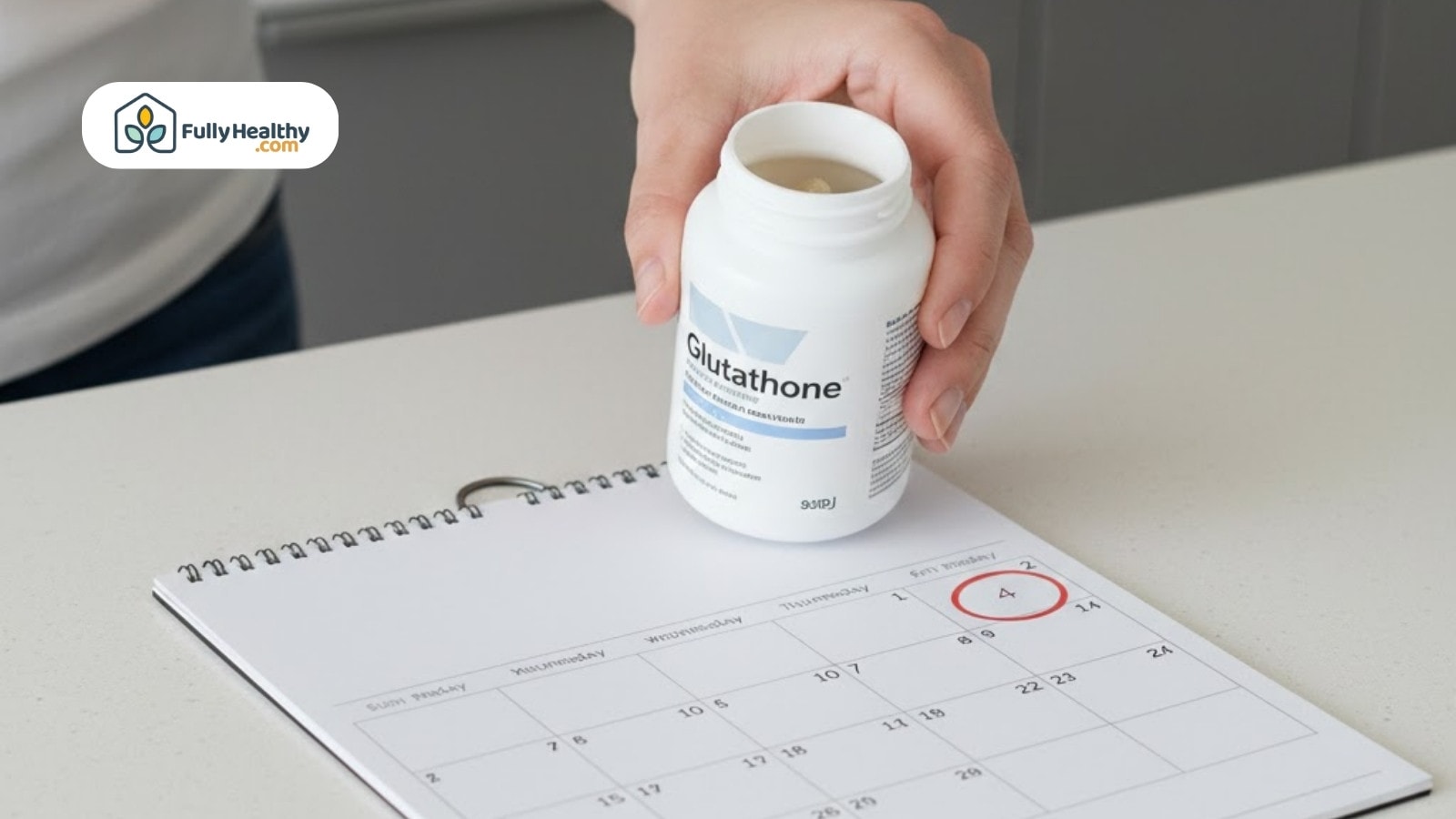 Glutathione supplement bottle placed on calendar with circled date