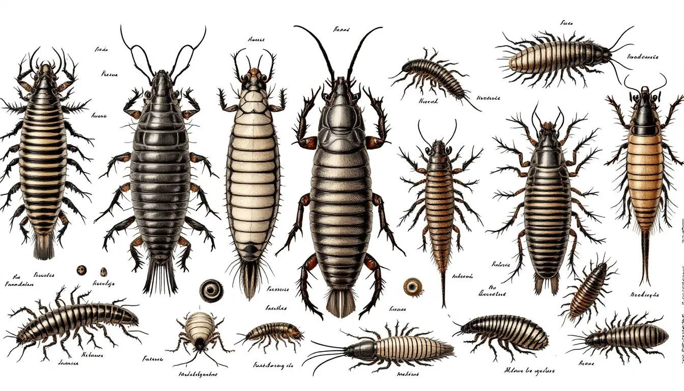 Different species of woodlice displayed together to show anatomical differences.