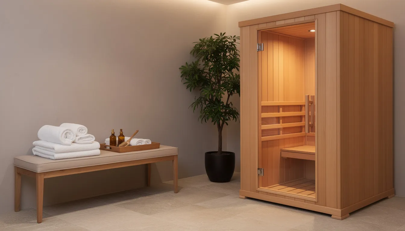 The image depicts an elegant home spa setup featuring a wooden infrared sauna cabin alongside neatly folded towels, creating a serene atmosphere for relaxation and rejuvenation. This inviting space is ideal for enjoying the benefits of infrared sauna therapy, which supports skin health and promotes a youthful appearance through enhanced circulation and collagen production.