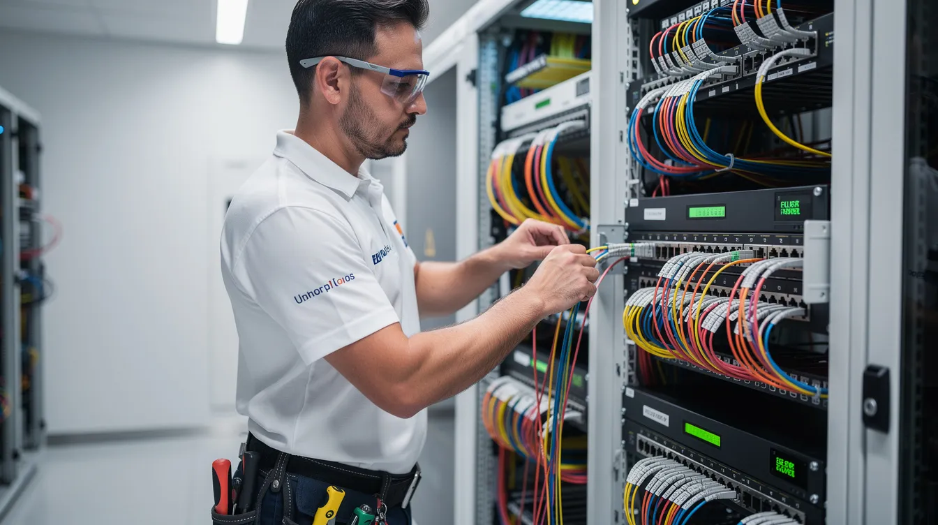 A professional installer is seen working meticulously with fibre optic cables in a communications room, ensuring efficient cabling for DSTV over fibre installation. The environment is organized, minimizing cable clutter while focusing on the recommended design for optimal signal distribution across large premises.