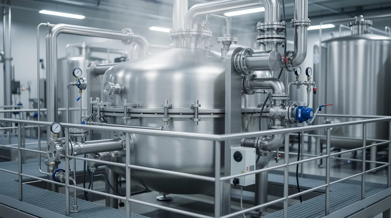 26de8458 a5d5 4de3 bdb9 fff0f5df072b The image depicts an industrial centrifuge machinery system, specifically designed for starch separation, featuring stainless steel components and piping. This equipment is essential in the maize starch manufacturing process, contributing to efficient plant operations in the corn starch industry.