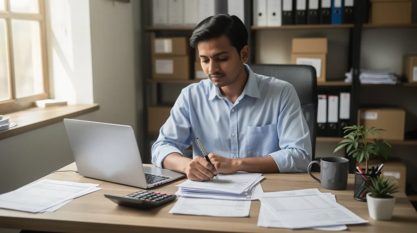 26dfdc9a b546 44c7 b0bd 9f0947c87e6f An Indian small business owner is seated at a desk, reviewing financial documents with a calculator and laptop in front of them. The scene reflects the careful analysis of a loan project report, emphasizing the importance of financial planning for micro enterprises under the Mudra loan scheme.