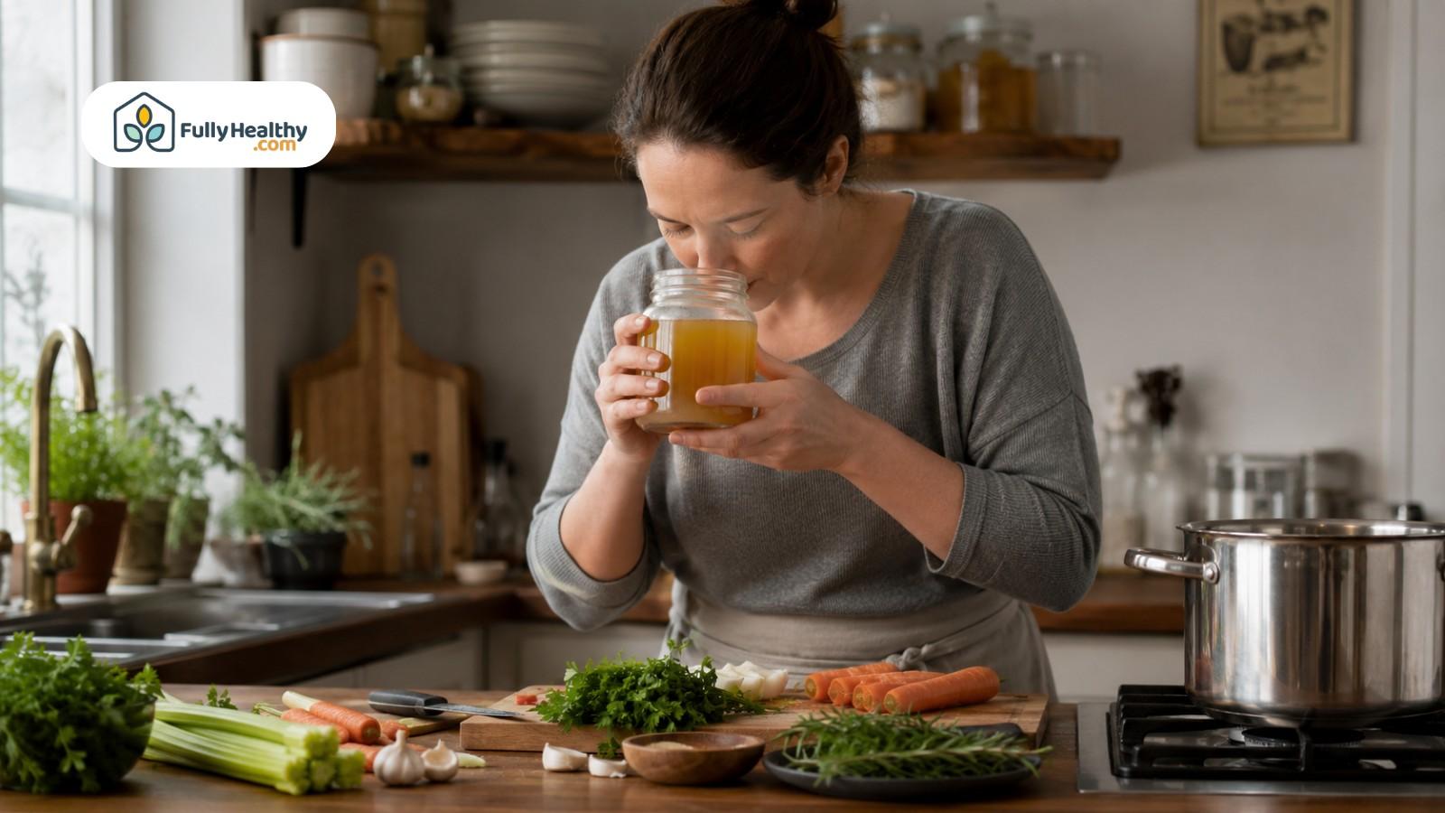 Home cook smelling chicken broth jar while preparing vegetables near simmering pot