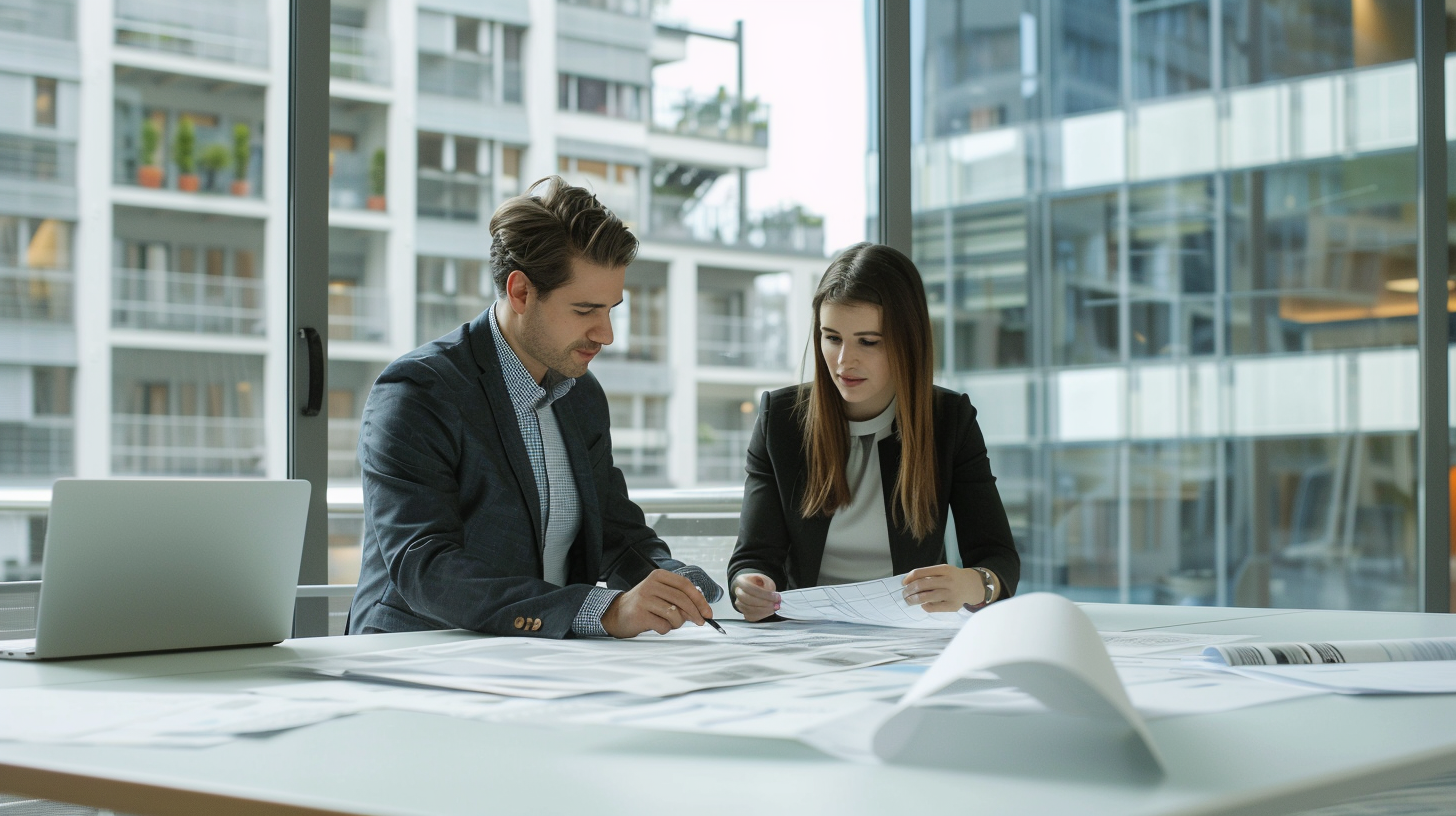 Project team analyzing the existing environment for a commercial project, using resources efficiently to manage costs and focus on the future of sustainable solutions in architecture.