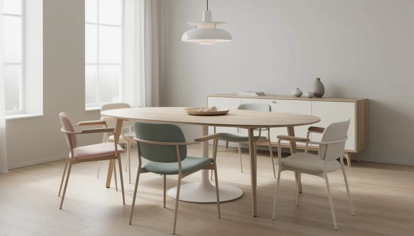 De afbeelding toont een moderne eetkamer met een ovale eettafel omringd door zes nieuwe eetkamerstoelen in verschillende stijlen, allemaal in dezelfde kleurfamilie van off white en taupe. Het geheel vormt een harmonieus en gezellig interieur, perfect voor het creëren van sfeervolle momenten met vrienden en familie.