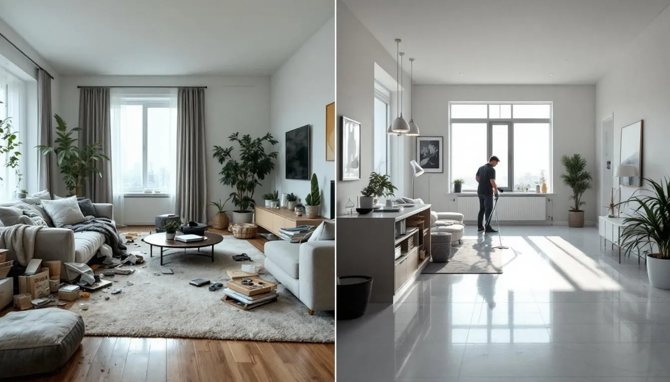 Before and after images of a home showcasing the impact of move-in and move-out deep cleaning.