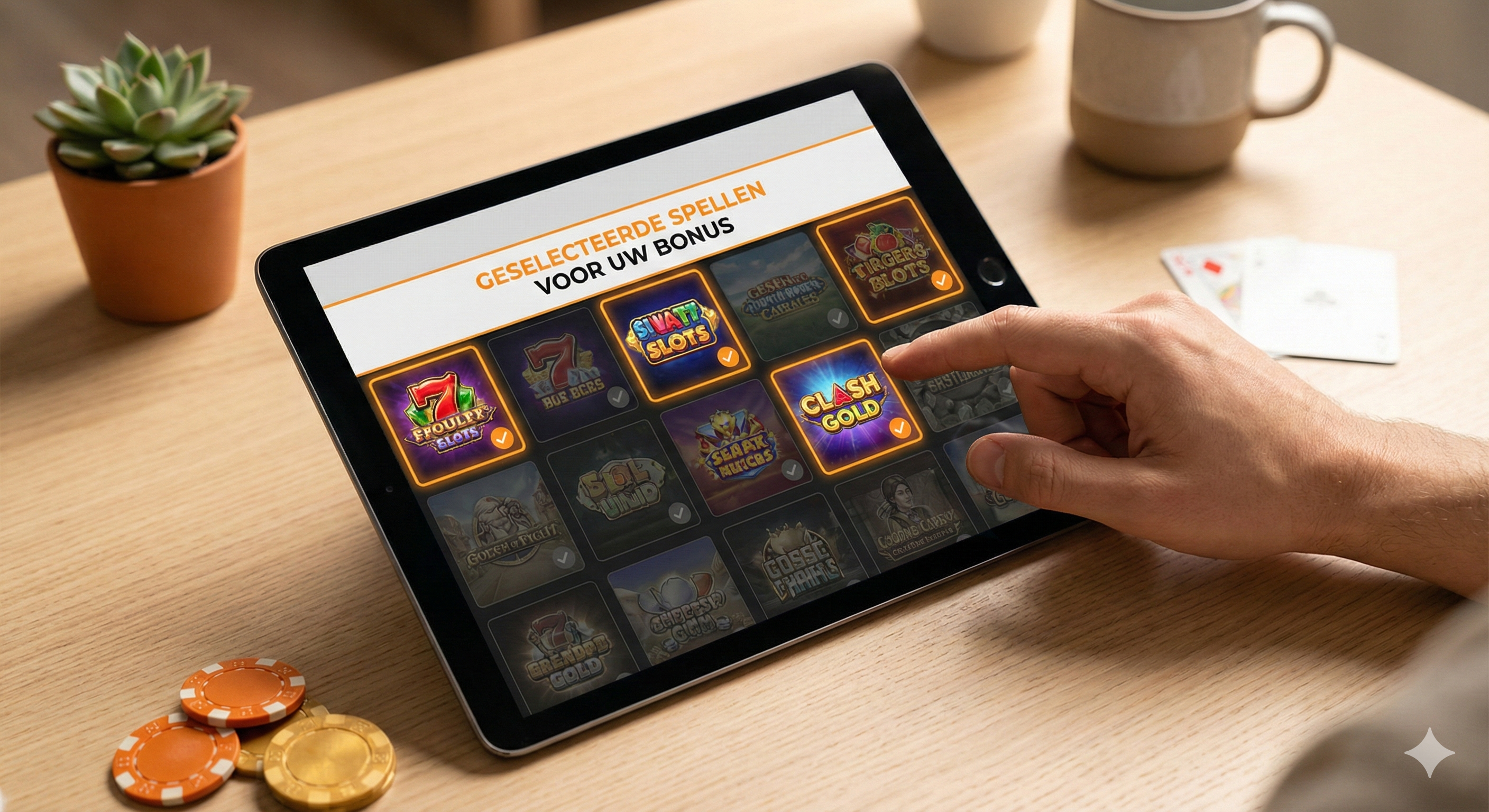 Geselecteerde casinospellen voor bonusgebruik op tablet, overzicht van slots die meetellen voor een casino bonus, met fiches op tafel.