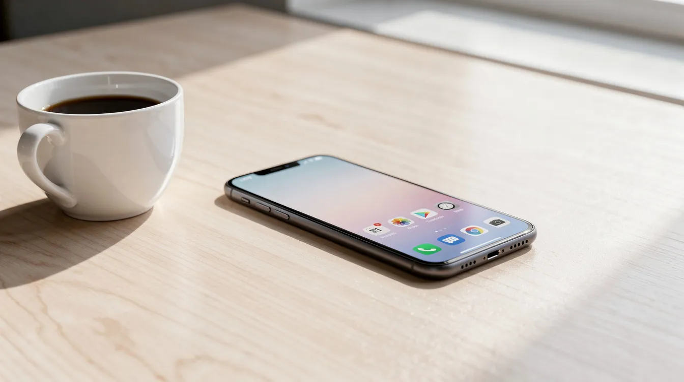 A smartphone displaying a bright and minimal home screen is placed on a clean desk beside a steaming cup of coffee, suggesting a moment of personal finance management. This scene evokes the use of budgeting apps to track spending, manage financial accounts, and plan for upcoming bills.
