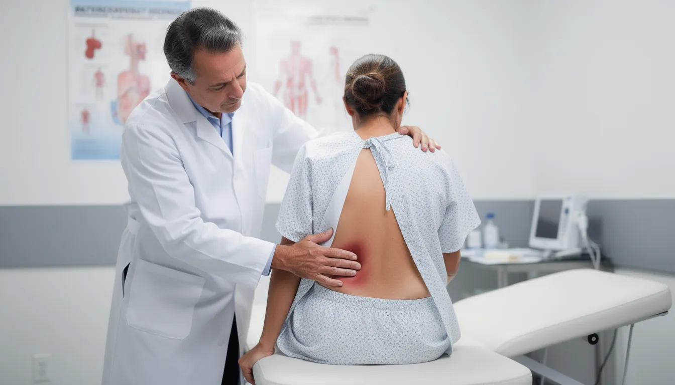 A medical professional is examining a patient's back injury in a clinical setting, assessing the extent of the injury and discussing potential treatment options. This image highlights the importance of medical care in personal injury claims and workers compensation cases for injured workers seeking fair settlements and medical benefits.