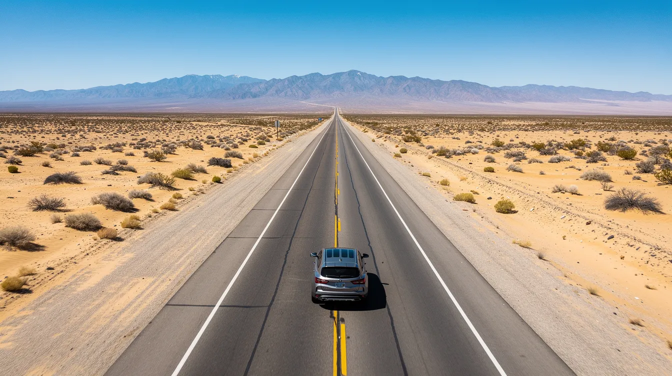 A vehicle is driving along a long, straight highway that stretches through the vast Nevada desert, with arid landscapes and distant mountains in the background. This scene captures the essence of Nevada's open roads, where state and federal laws regarding firearms may vary for travelers and residents alike.