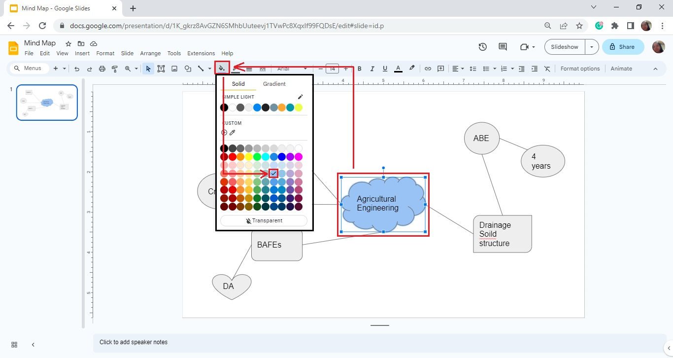 From your toolbar section, select "Fill color" to fill a color in your Google Slides Mind Map main icon.