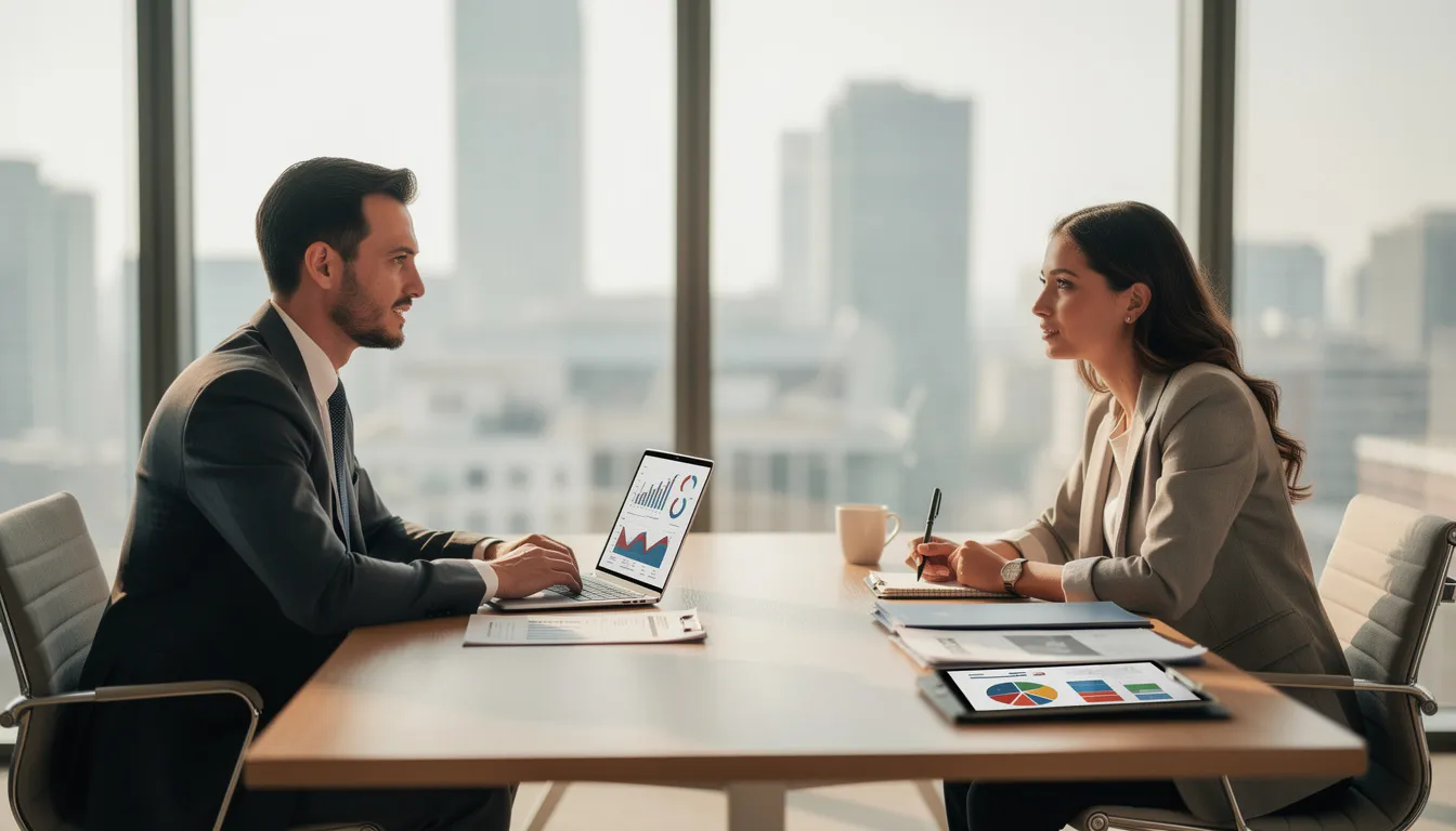 The image depicts a financial advisor meeting with a client in a professional office environment, discussing retirement plans and benefits, including details about the FERS retirement system and the importance of years of service and retirement income. The advisor is likely explaining key concepts such as the FERS pension, retirement service computation date, and how to calculate FERS retirement benefits.