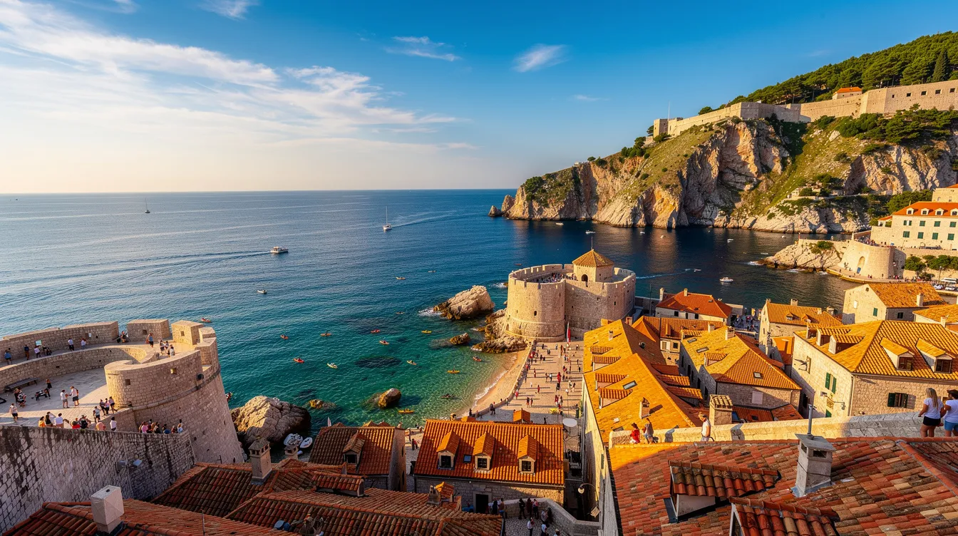 A imagem retrata a deslumbrante cidade de Dubrovnik, na Croácia, durante o verão, com suas muralhas históricas e casas de pedra banhadas pela luz do sol. O mar azul profundo e o céu claro complementam a beleza do local, tornando-o um dos destinos mais procurados por turistas.