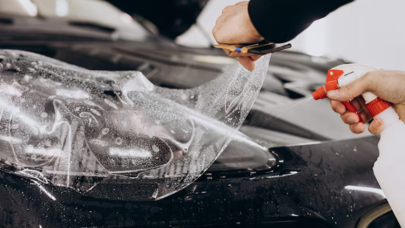 A professional using sealant spra to make PPF adhesive