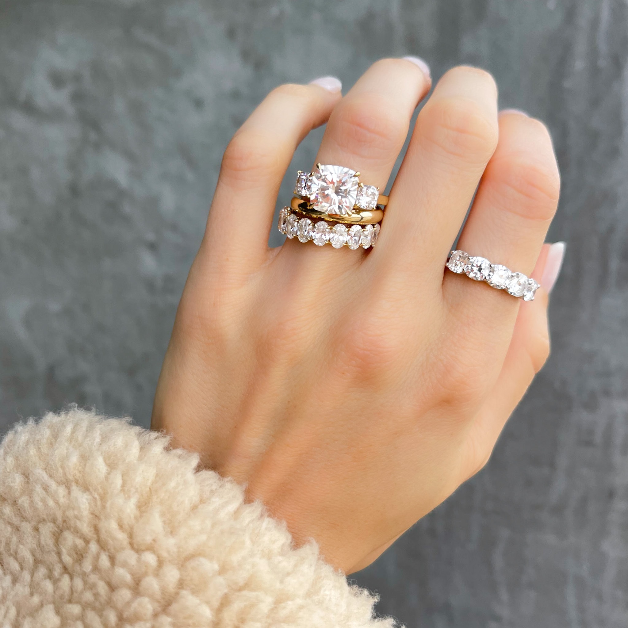 Triad Engagement Ring With Cushion Cut Diamonds