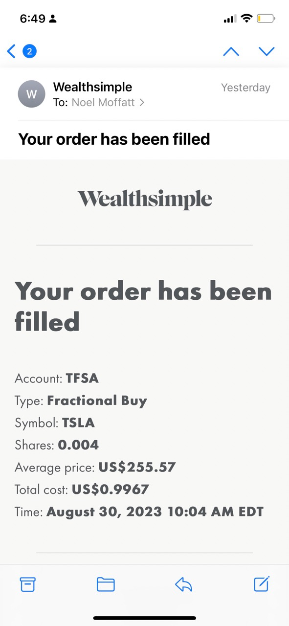 Confirmation Email for Tesla Fractional Buy 