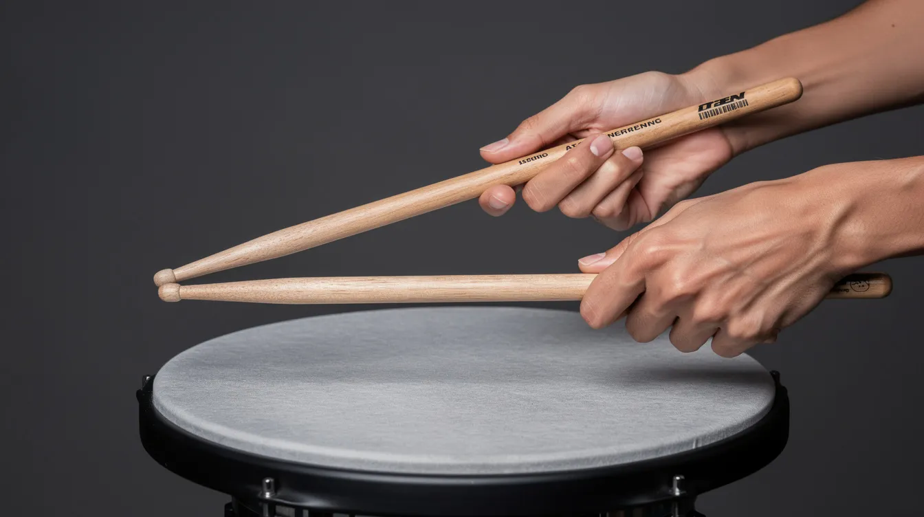 Detailaufnahme von zwei Händen, die Drumsticks in korrekter Matched-Grip-Haltung über einem Übungspad halten, während sie bereit sind, verschiedene Rhythmen und Grooves zu üben. Diese Technik ist besonders wichtig für Anfänger im Online Schlagzeugunterricht, um die Grundlagen des Schlagzeugspiels zu erlernen.