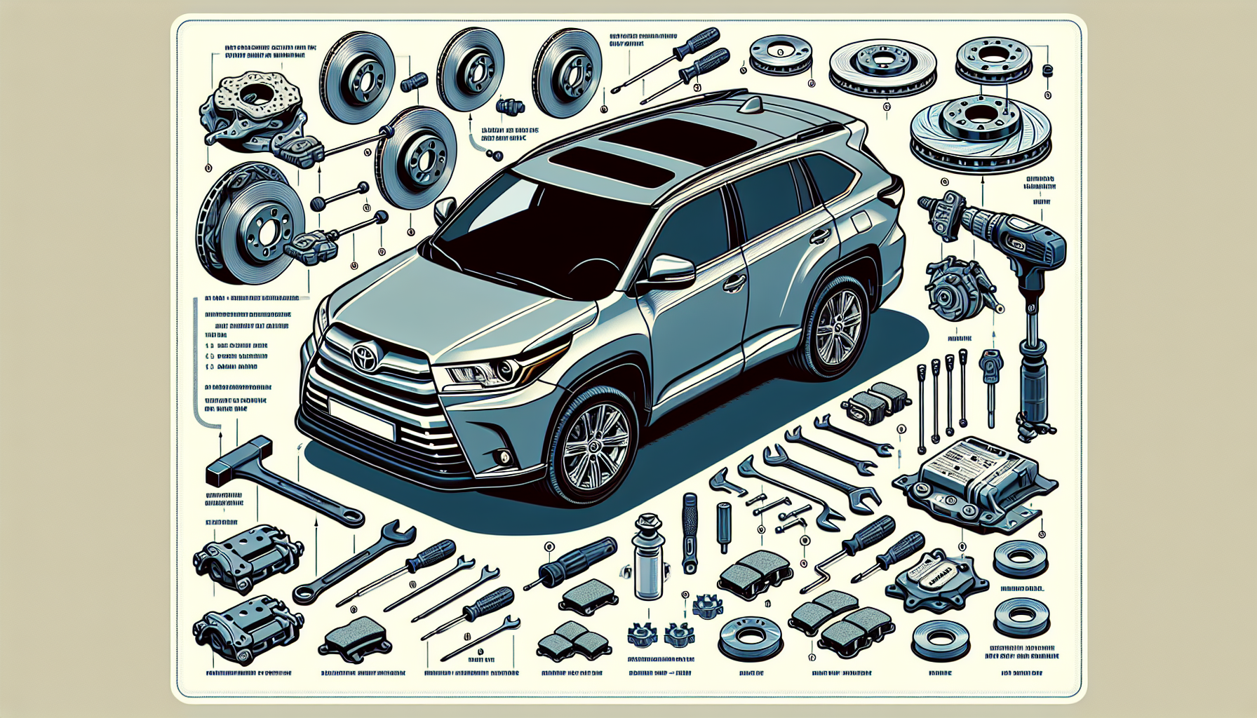 An illustration depicting installation tips for brake kits on a Toyota Highlander.