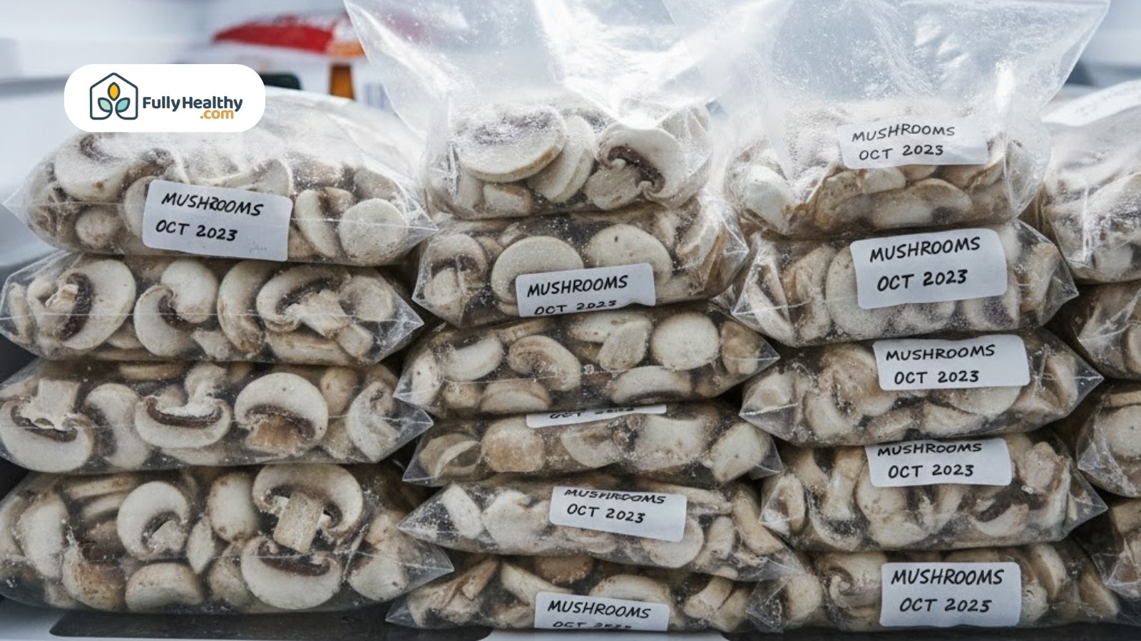 Stacked freezer bags filled with sliced mushrooms labeled October 2023