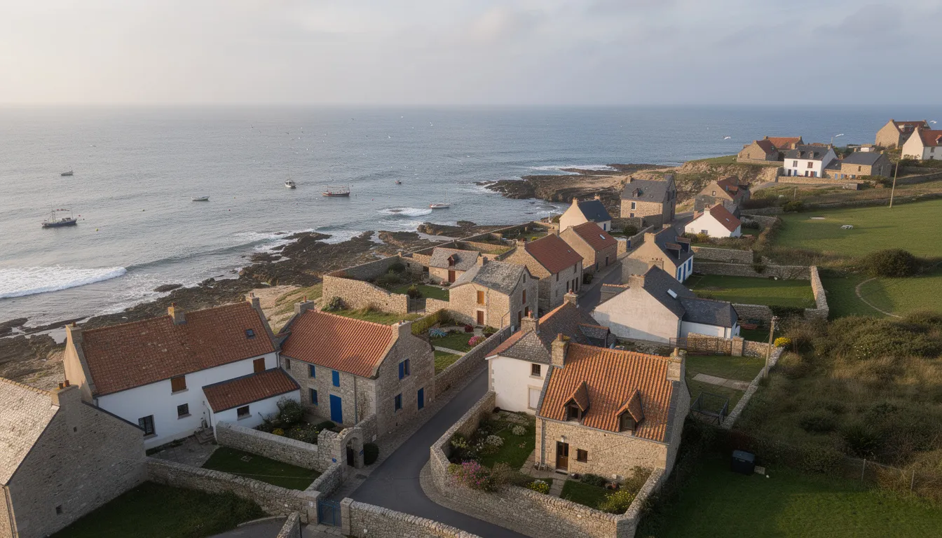 Une vue aérienne montre des maisons bretonnes avec des toits en tuiles colorées, situées dans un village côtier, avec l'océan scintillant en arrière-plan. Cette image évoque le savoir-faire des couvreurs à Pornic et l'importance de la toiture dans l'architecture locale.