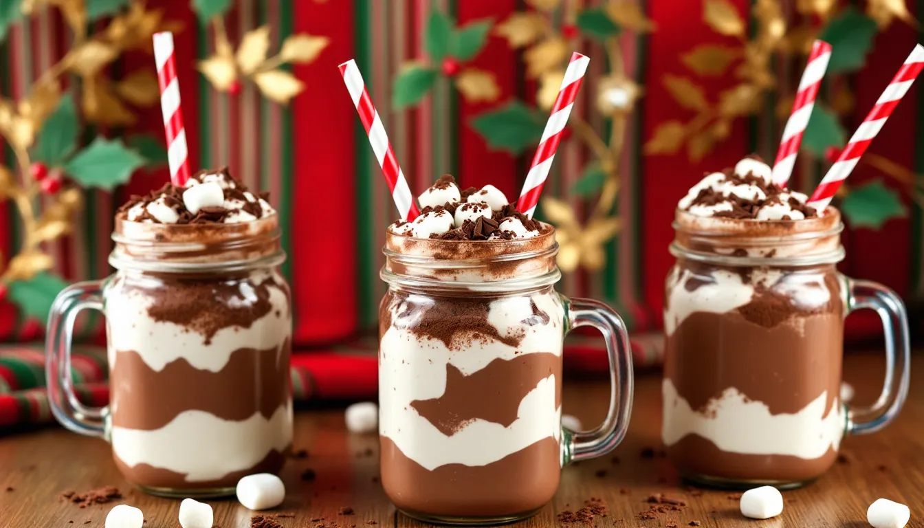 In this festive image, layered cocoa mix is beautifully arranged in mason jars, topped with fluffy marshmallows and accompanied by striped straws, all set against a cheerful Christmas backdrop. This creative gift idea makes for a perfect homemade gift during the holiday season, ideal for sharing with friends and family.
