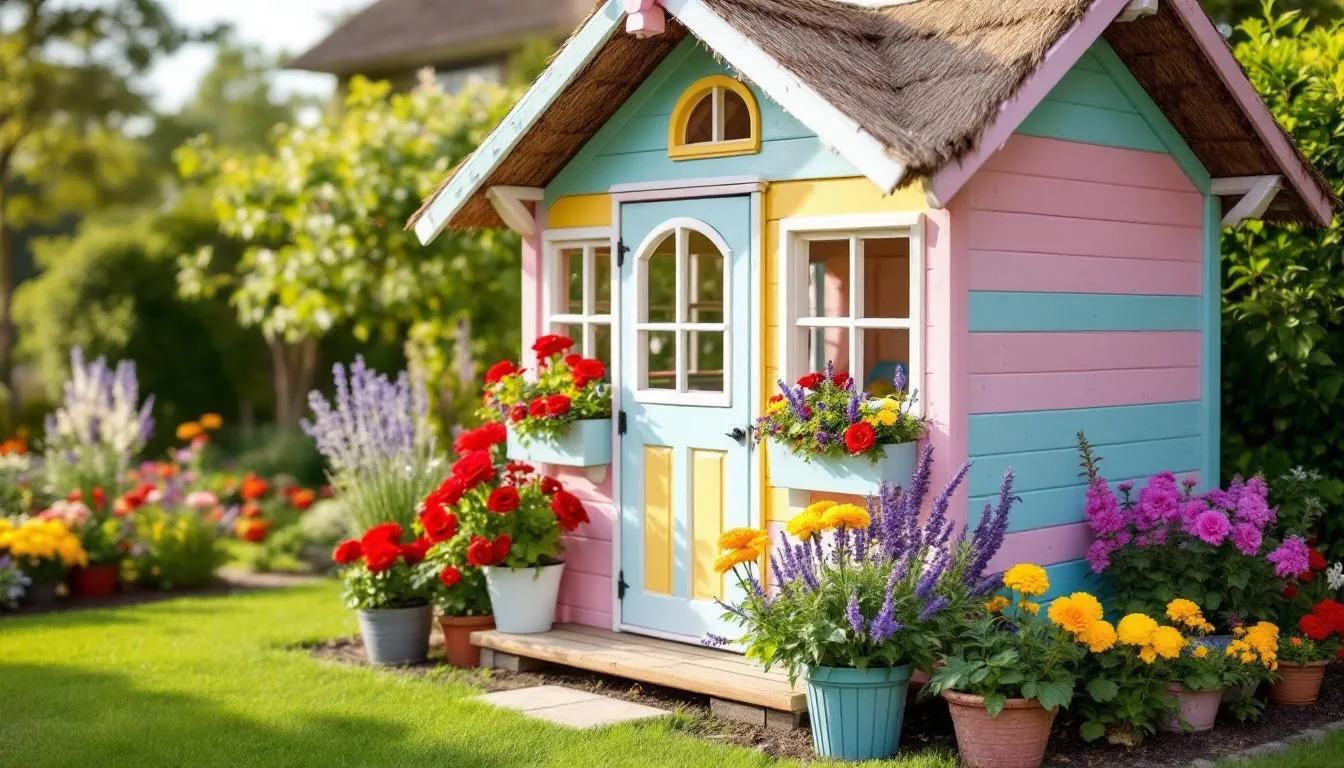A charming wooden playhouse, adorned with colorful paint and surrounded by vibrant garden pots filled with flowers, invites children to engage in imaginative play and outdoor fun. This delightful kids playhouse, crafted from high-quality timber, offers a perfect space for little ones to explore and spark their creativity in the garden.