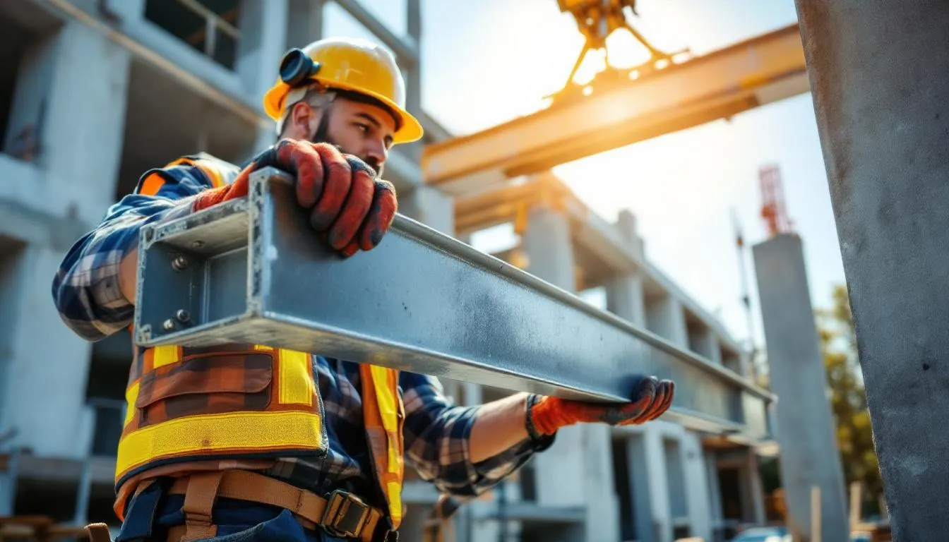 Un charpentier est en train d'installer des poutres en bois sur un chantier de construction à Nantes, illustrant son savoir-faire et son expertise dans la mise en place de charpentes traditionnelles. L'image montre l'équipe au travail, concentrée sur la réalisation d'un projet de construction.