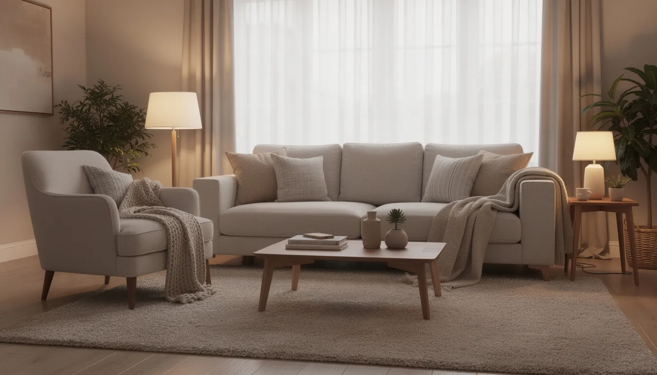 Een gezellige zithoek in een moderne woonkamer, met een comfortabele fauteuil en een bank, omringd door zachte textielen in warme tinten. De ruimte heeft een uitnodigende sfeer en combineert verschillende materialen en kleuren, wat bijdraagt aan een stijlvol geheel.
