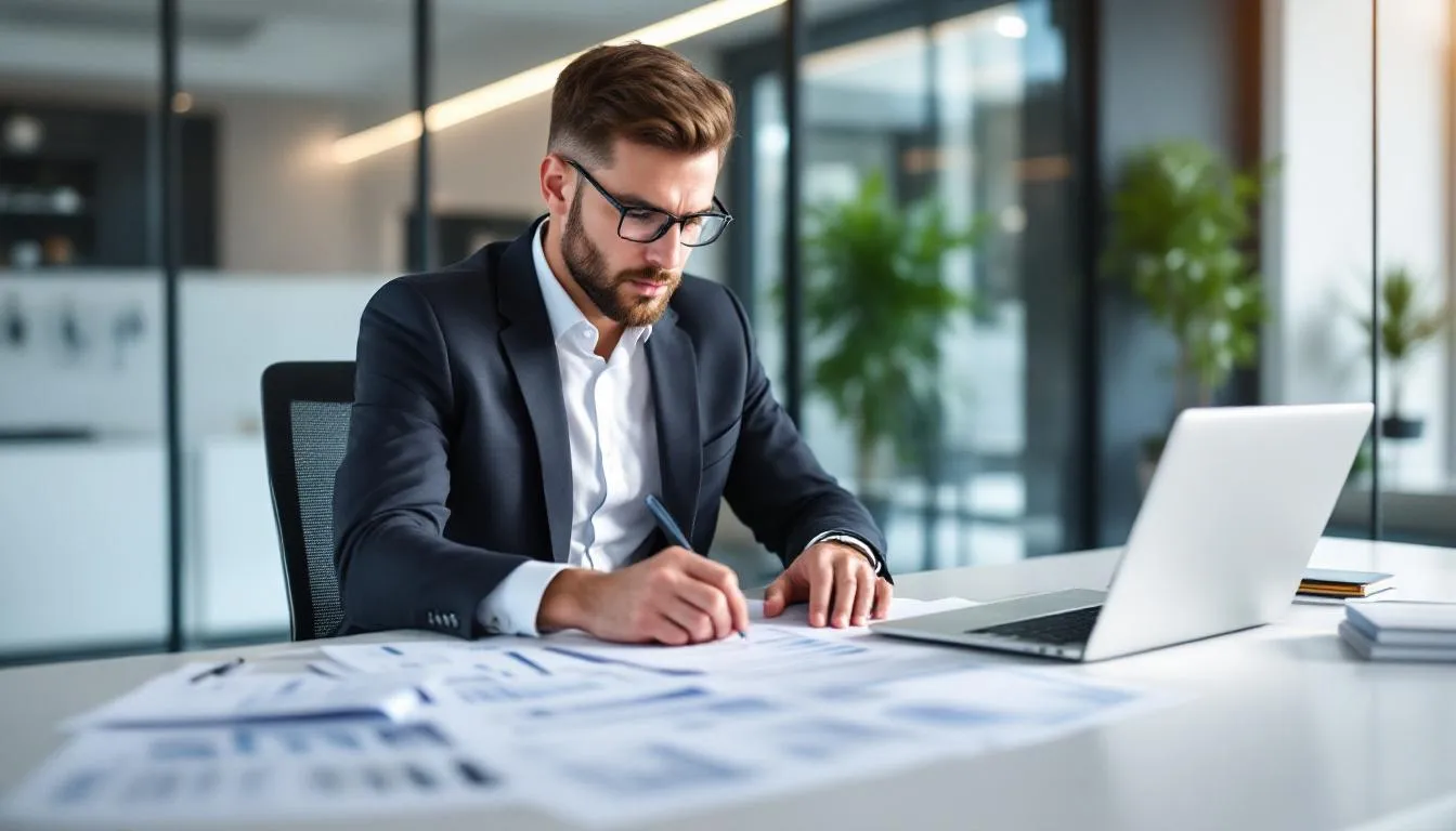 An accountant reviewing financial statements to value a business for sale.