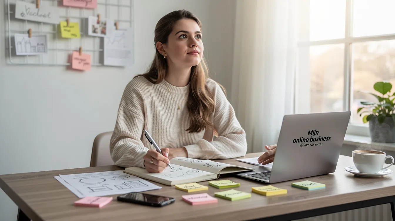Een jonge vrouw zit aan een bureau met een notitieboek en een laptop, terwijl ze haar innovatieve ideeën voor een online onderneming opschrijft. Ze lijkt enthousiast en vastberaden om haar eigen zaak te starten en mensen te helpen met haar diensten.