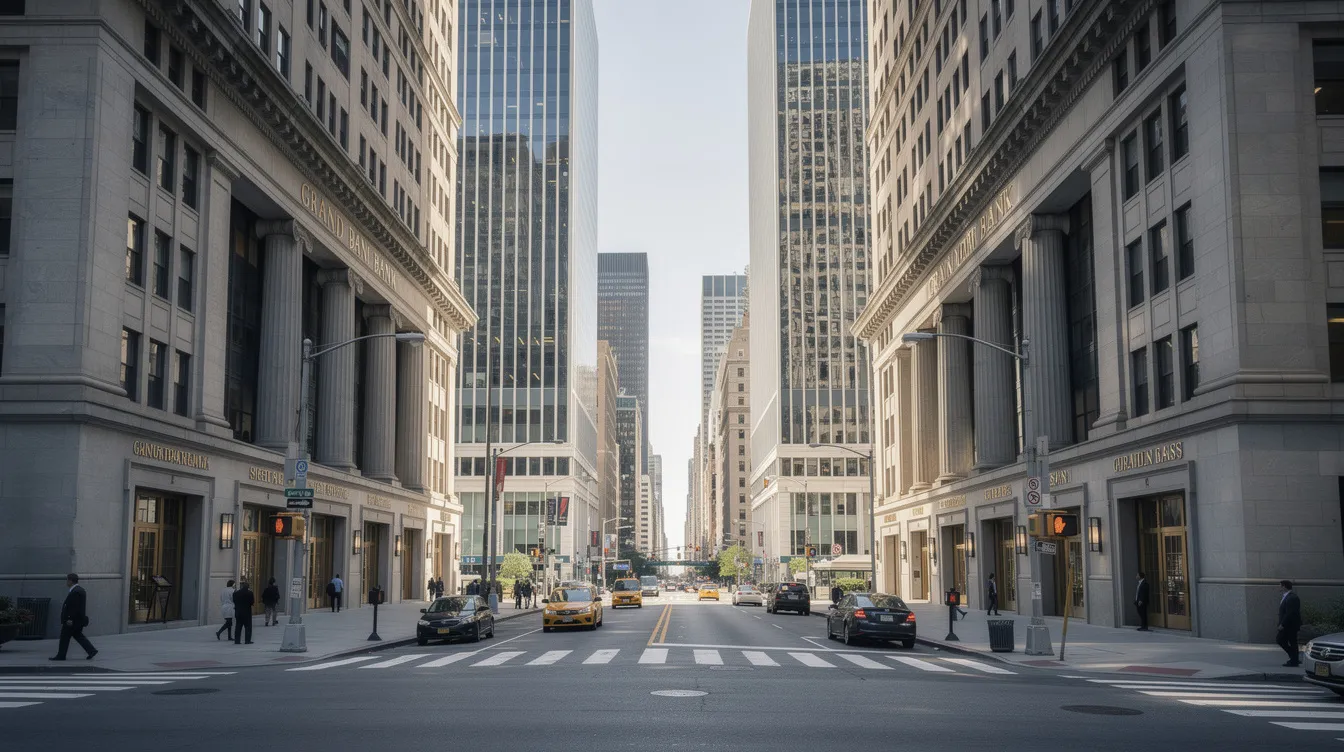 繁忙的城市街道，兩旁林立銀行大廈，展現多家金融機構的景象。畫面捕捉都市生活，人們穿梭於銀行及財務公司之間。