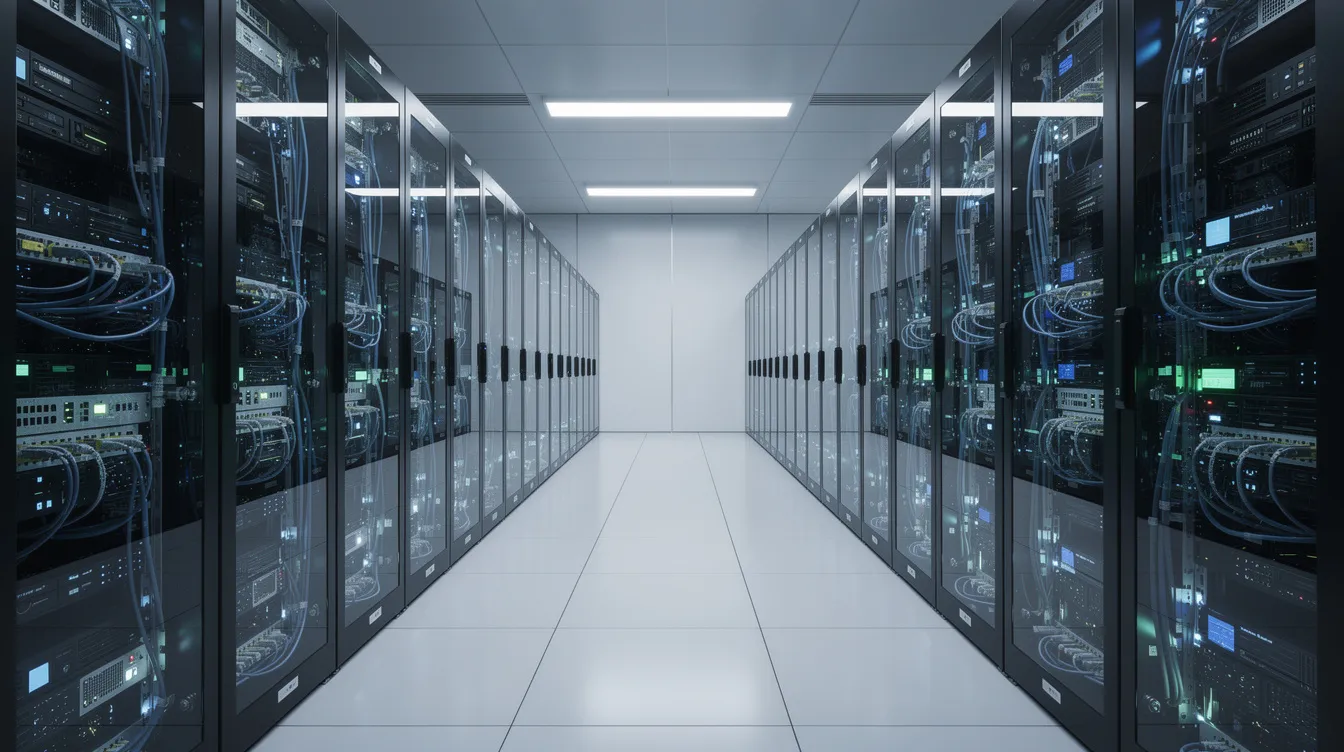 Na zdjęciu znajduje się nowoczesna serwerownia wyposażona w zaawansowany sprzęt komputerowy, który umożliwia sprawne zarządzanie systemem obsługi zgłoszeń. W tym środowisku technologicznym działa helpdesk, zapewniając wsparcie techniczne dla użytkowników końcowych oraz efektywną obsługę klientów.