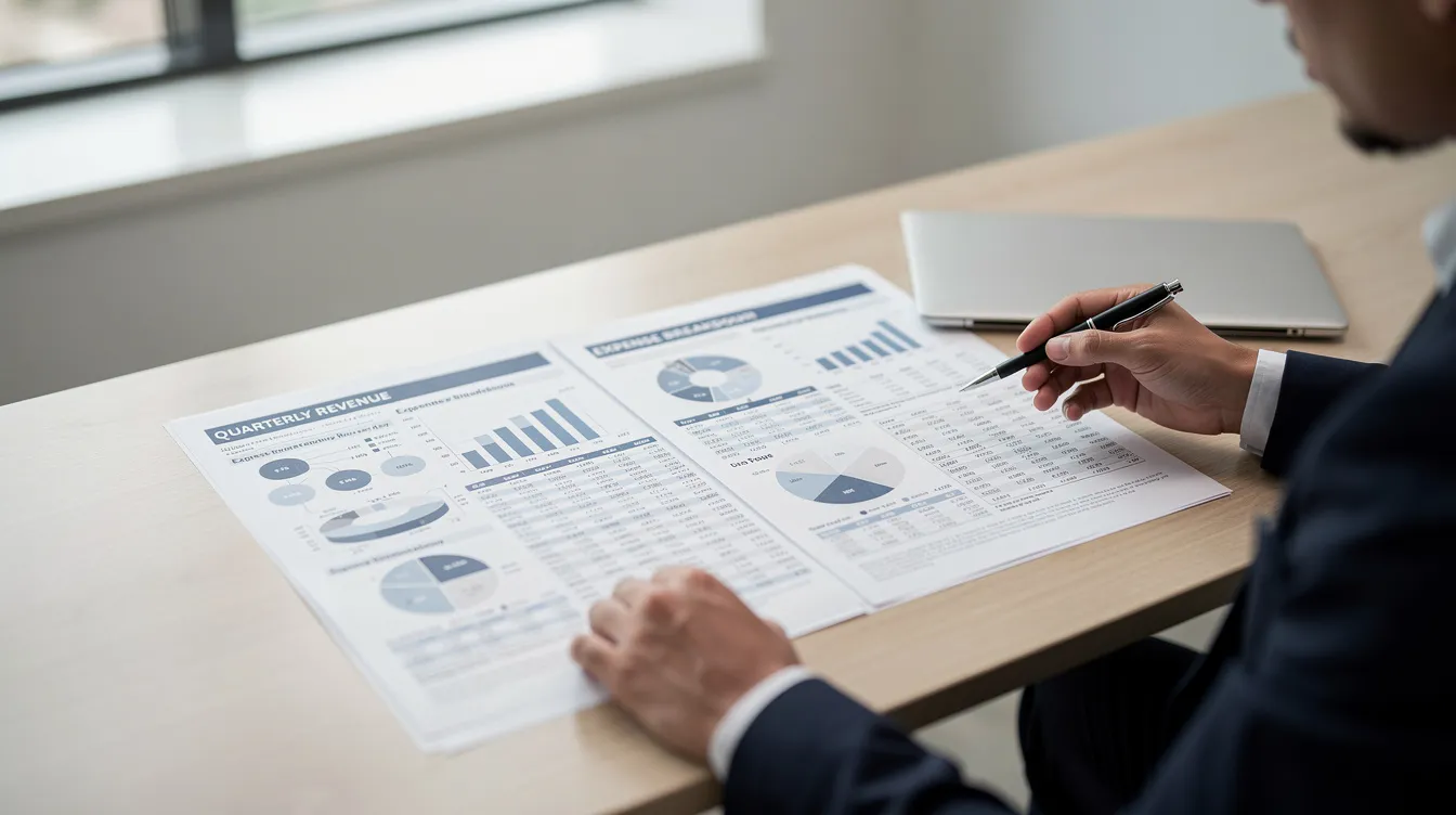 26fc7d8c 35bb 4ed0 8435 b03e470b5da8 The image shows a person intently cross-referencing two printed financial reports on a table, analyzing key financial ratios and statements such as balance sheets and cash flow statements. This process is crucial for understanding the company's financial health and preparing for bank loan applications, including the necessary CMA data for maximum permissible bank finance.