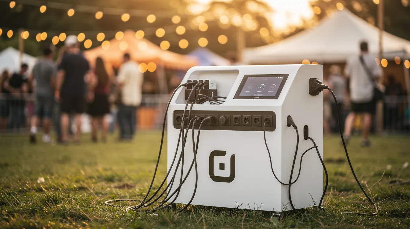 A branded portable charging kiosk is set up outdoors at a festival, surrounded by green grass and illuminated by string lights, providing reliable charging solutions for attendees' mobile devices. This charging station offers multiple USB ports, ensuring that guests can stay connected throughout the event.